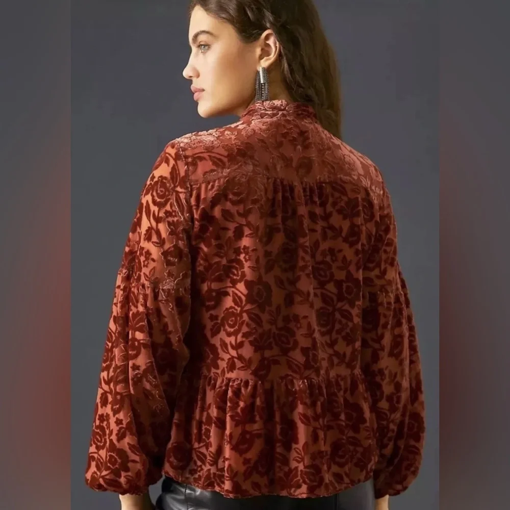 Anthropologie Rust Red Velvet Tie Front Blouse with Relaxed Sleeves - Picture 10 of 10